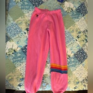 Aviator Nation Pink Joggers with Rainbow Stripes